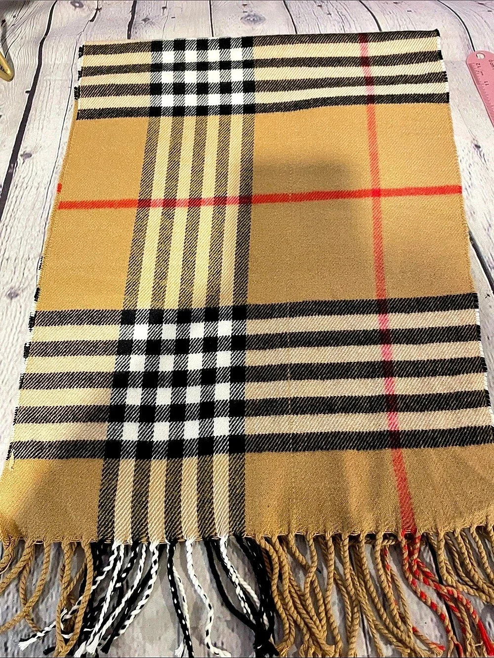 100% Cashmere Scarf in Brown & Black Large Plaid pattern • NEW